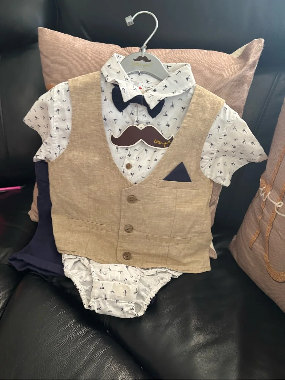 Toddler Beige Linen Vest Outfit with Navy Bow Tie and Palm-Print Shirt